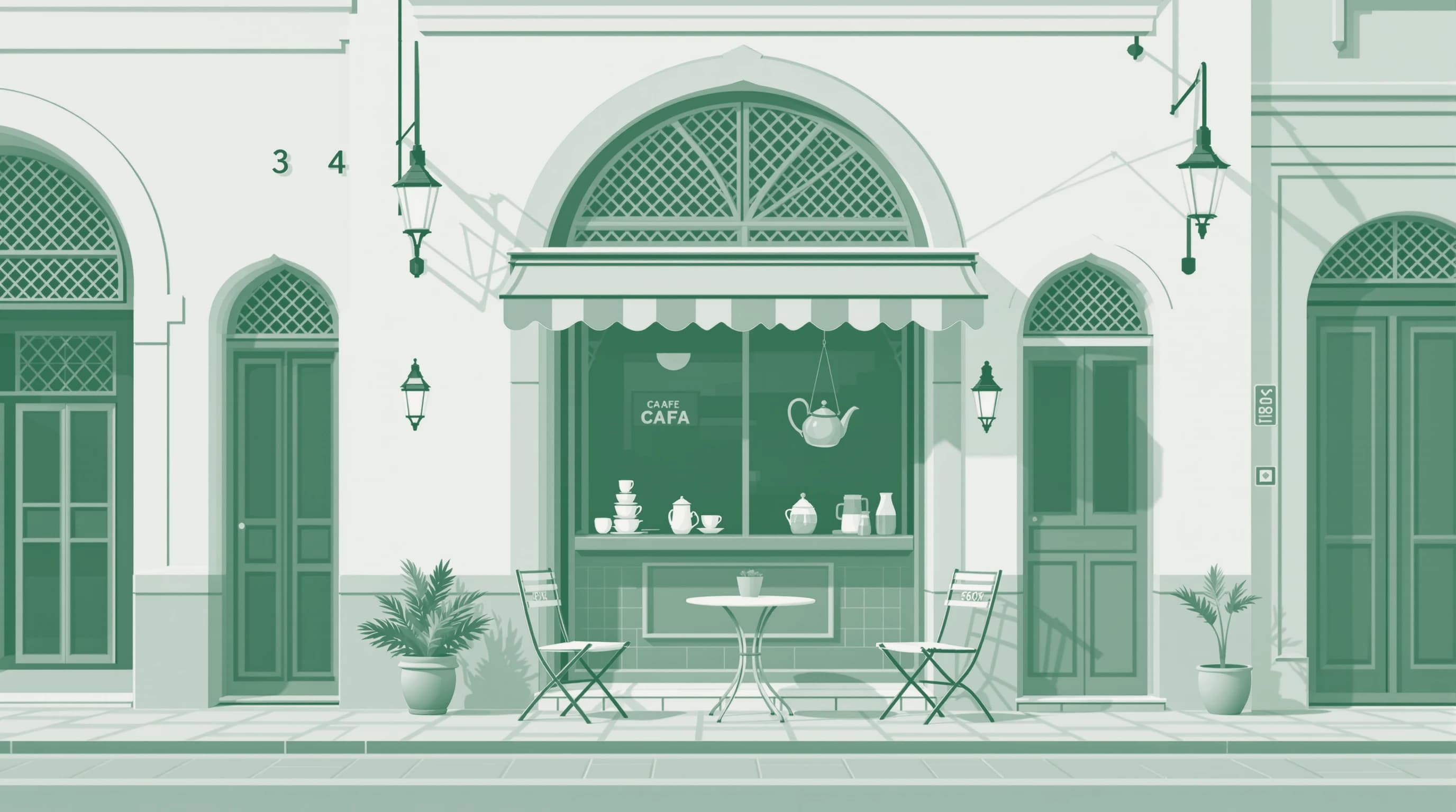 A duotone illustration of a Cairo corner cafe under a leaf canopy, arched door and curtained lattice window with tea service