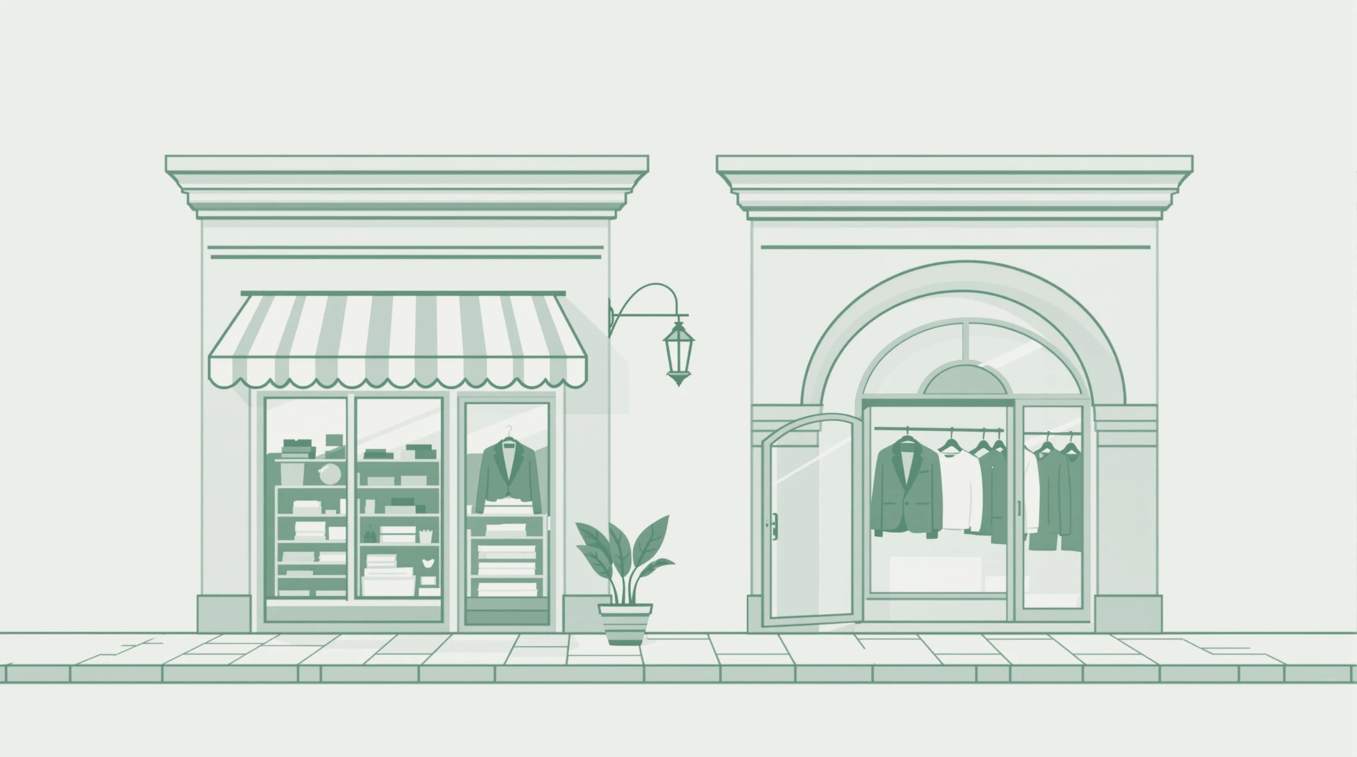 A duotone illustration of two adjacent Egyptian storefronts with scalloped awnings, folded goods in one window and a hanging rail in the other