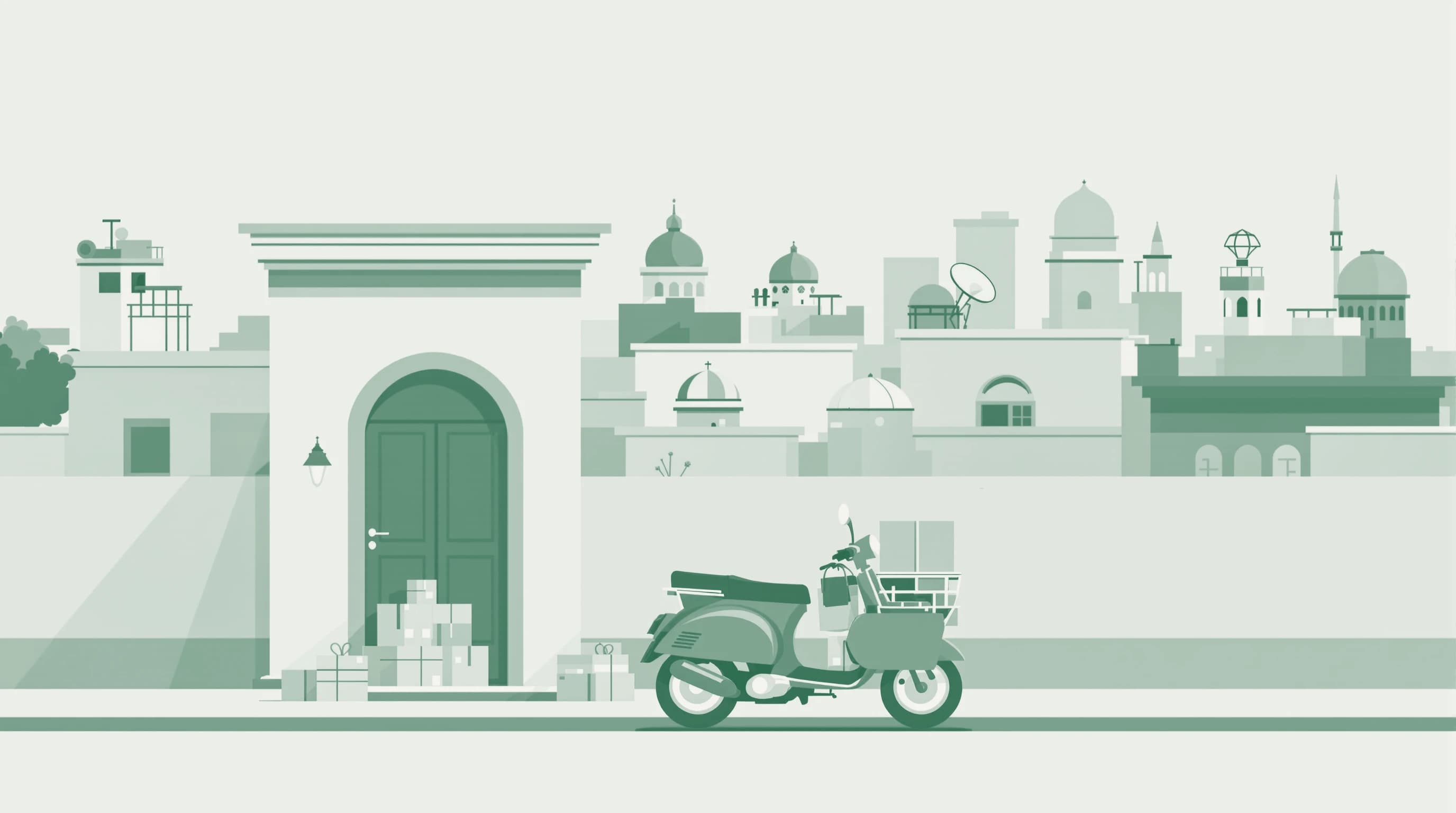 A duotone illustration of a delivery scooter and parcels at an arched Cairo doorway, rooftops with satellite dishes and a minaret behind