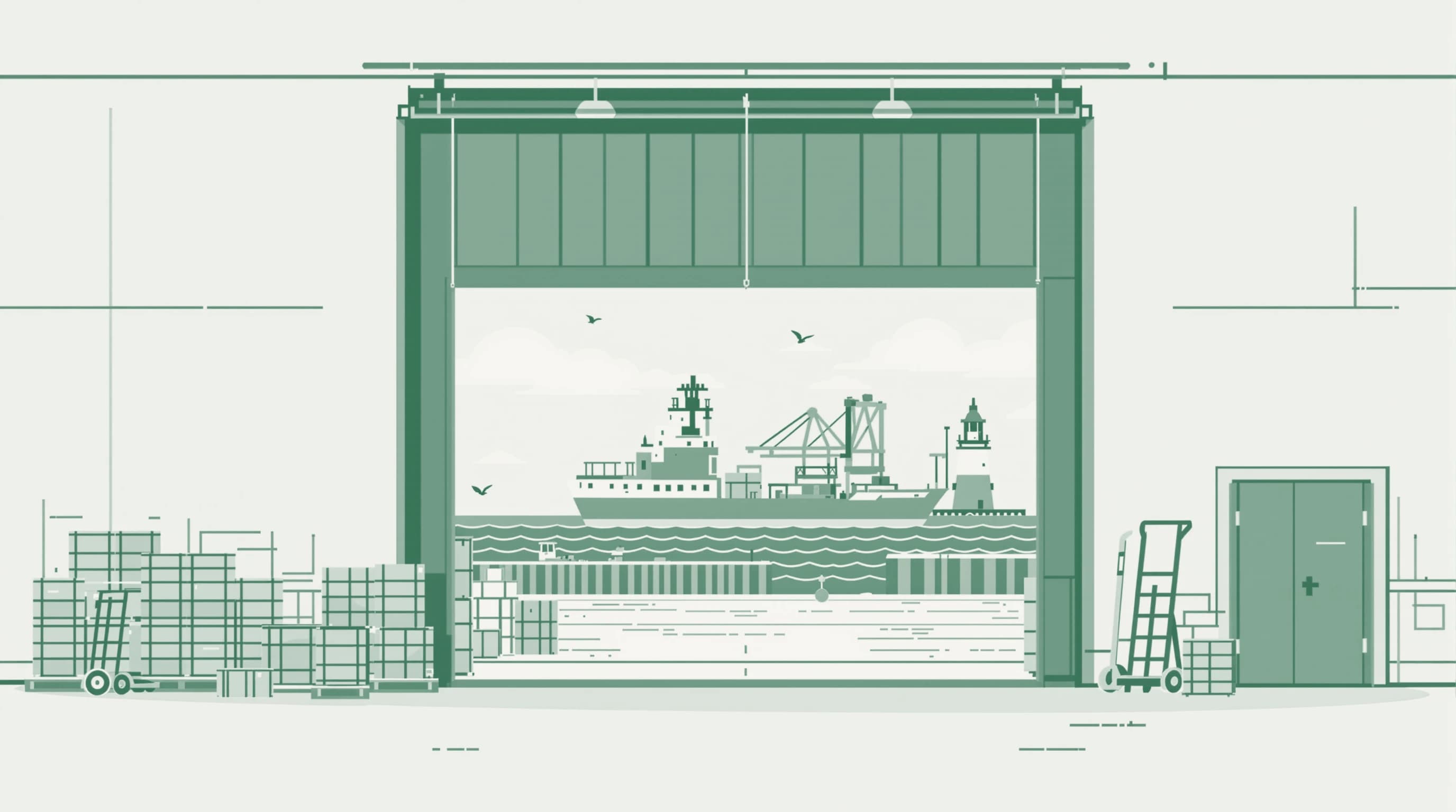 A duotone illustration of an Alexandria warehouse arch framing a cargo ship, crane and lighthouse, crates and a hand truck on the quay