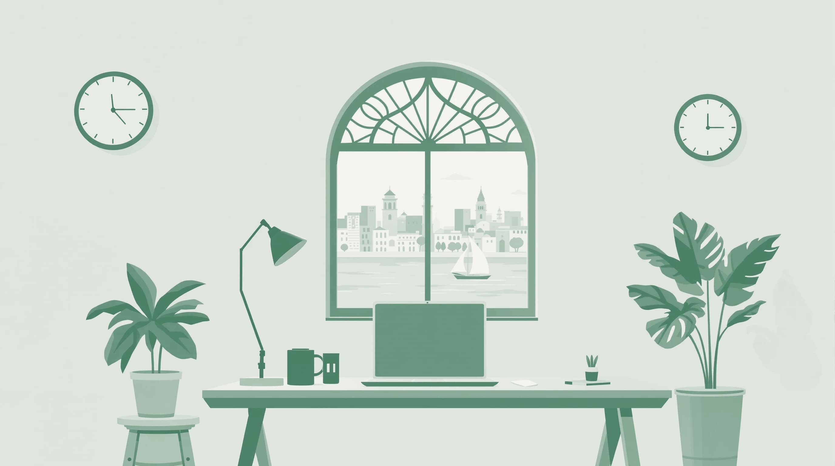 A duotone illustration of a studio desk before a round mashrabiya window, a felucca and tower on the Nile beyond